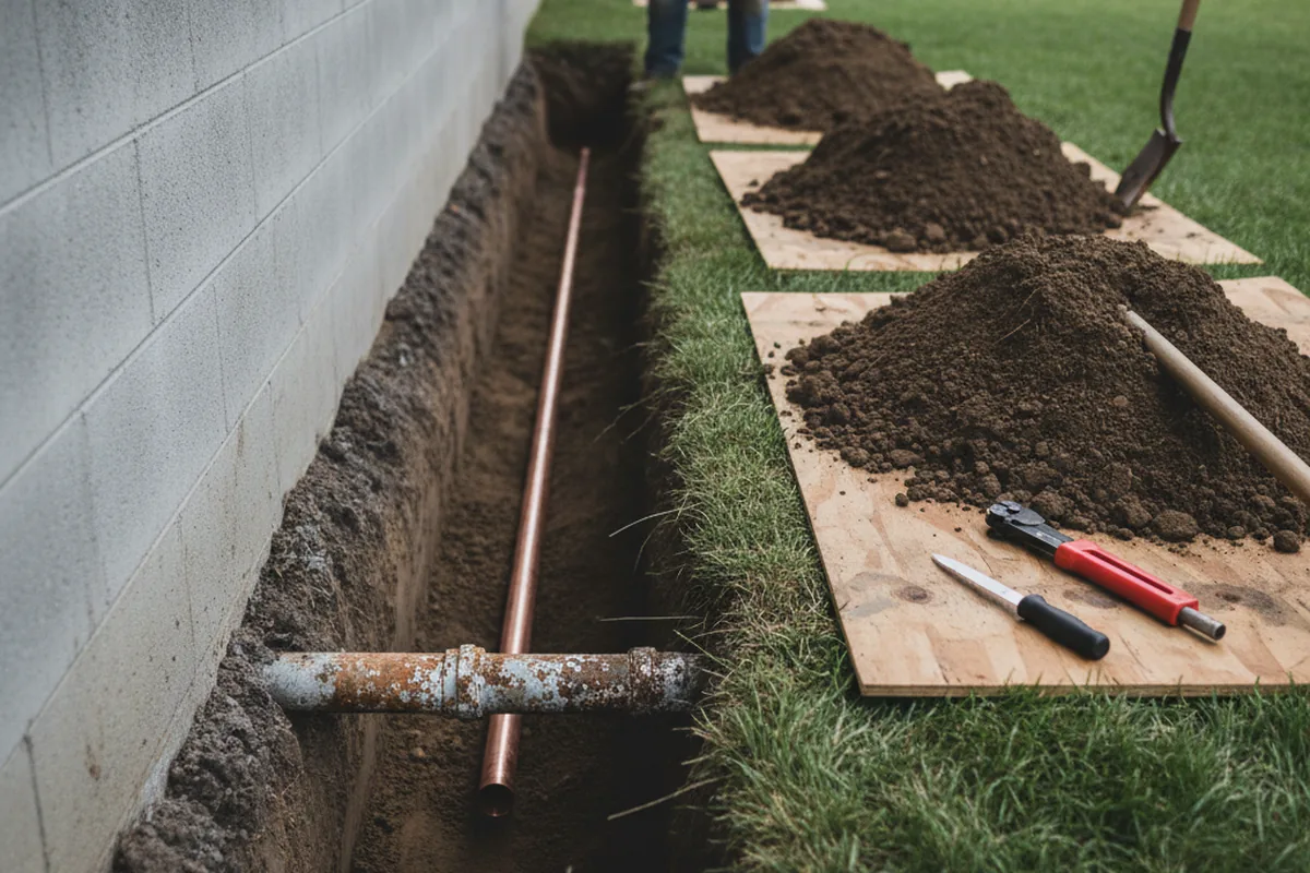 Excavated water line trench during Water Softener Installation in Wynnewood